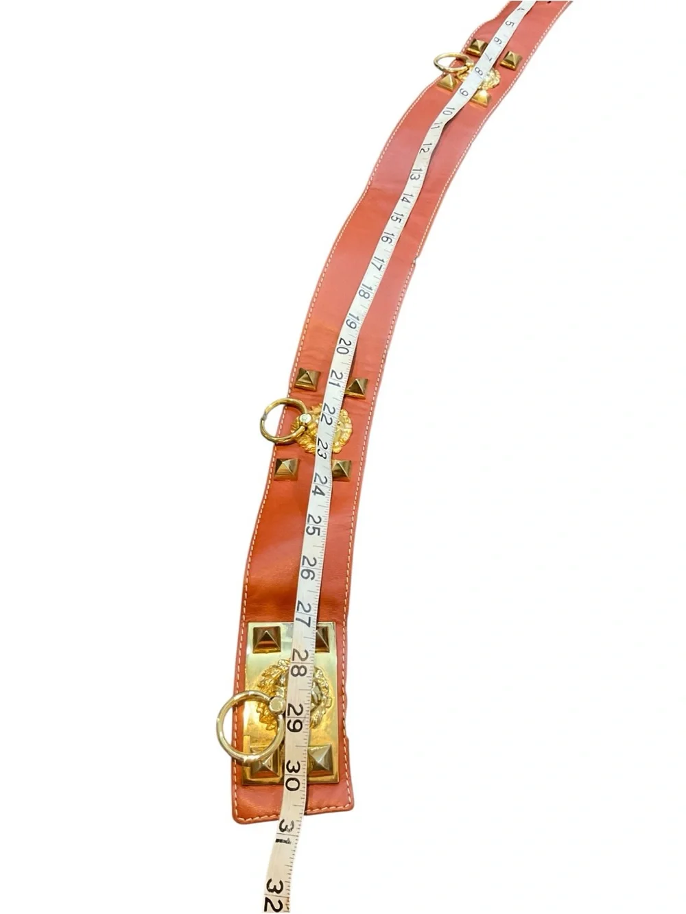 Source Unknown Orange Leather Waist Belt with Gold Lion Ring Accents